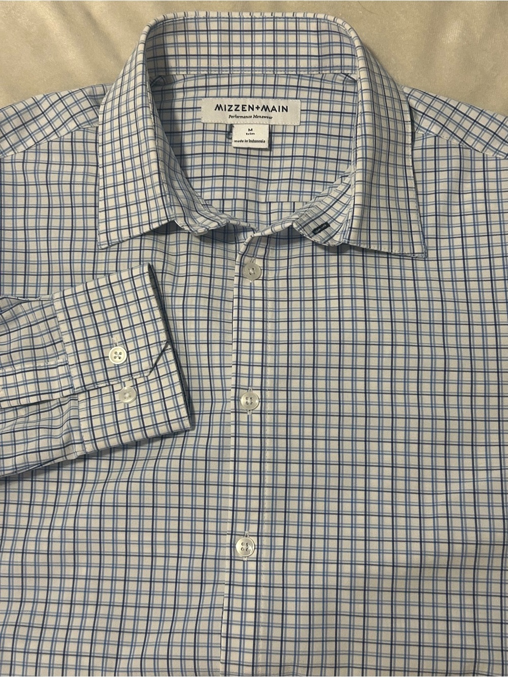Mizzen Main Leeward Mens Medium M Trim Fit Performance Stretch Dress Shirt Blue